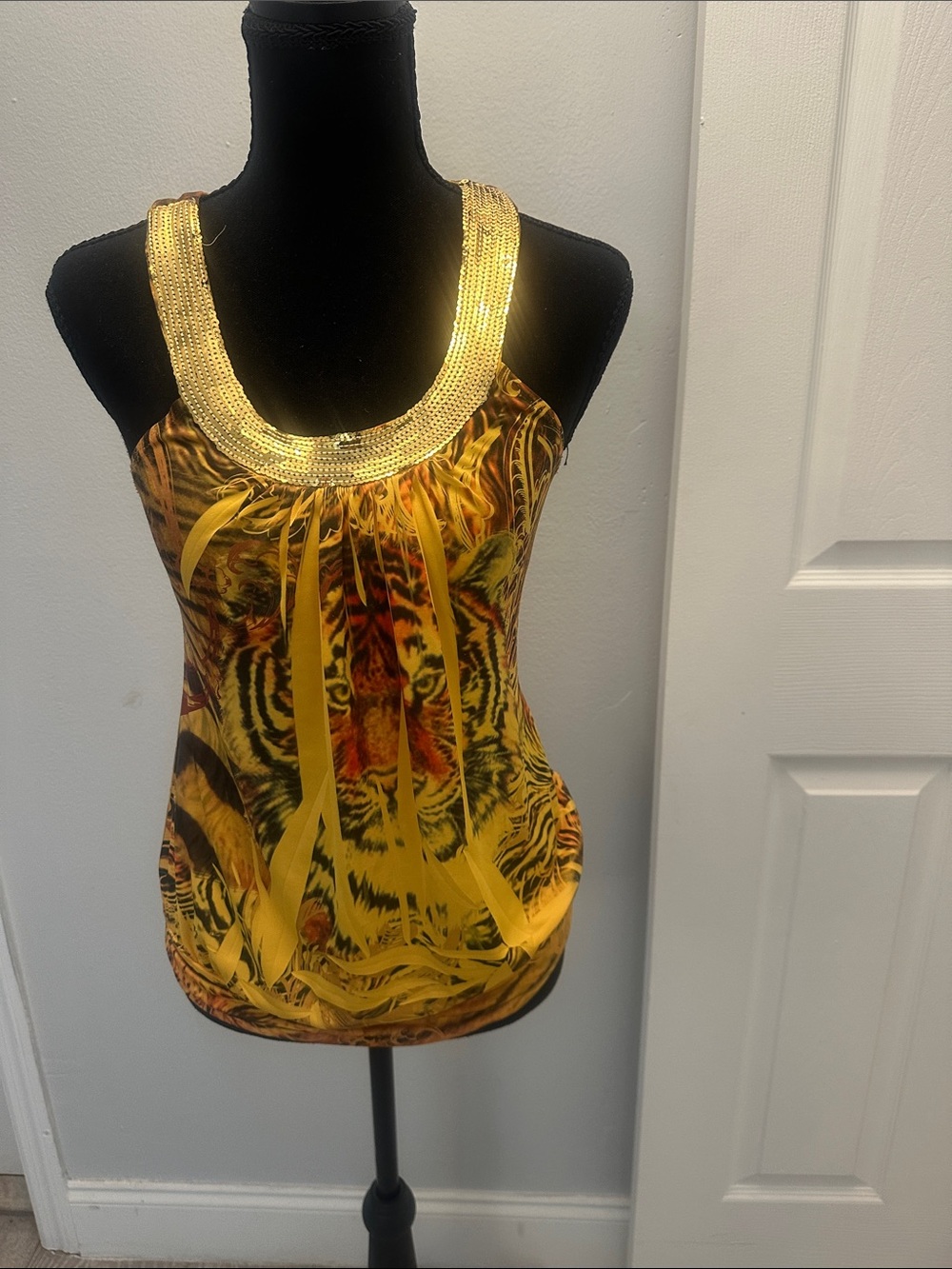 Sequin Trim Yellow Tiger-Print Tank Top